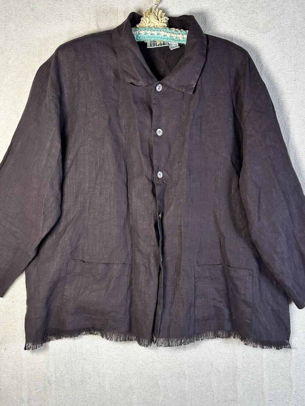 Chicos Chocolate Brown Linen Raw Hem Hobbit Granola Lagenlook Shacket Sz Xl